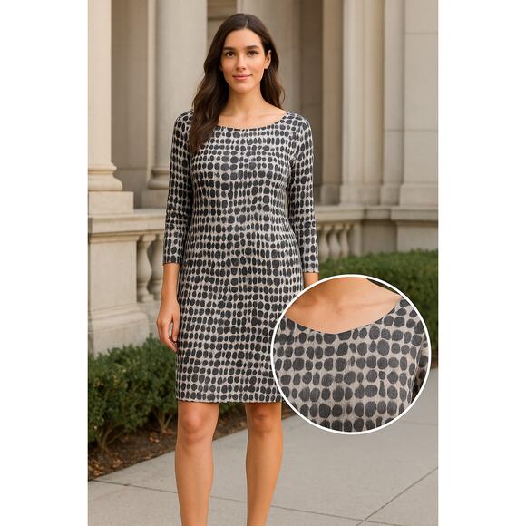 Ann Taylor Gray Black Print Shift Dress Sz 16 Tall 3/4 Sleeve Stretch Quietlux - Picture 2 of 8